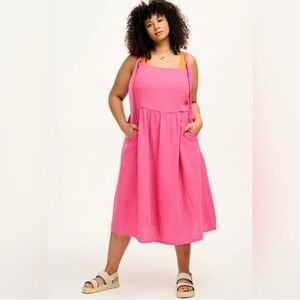 Lucy & Yak US12 NWT Faye Dress. Large. Cotton Gauze Jumper Pockets Midi pink